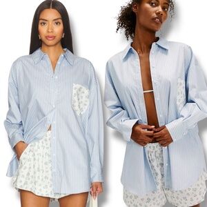 FOR LOVE & LEMONS ‘Tamren’ Button Up Shirt Oversized in Blue Stripe Sz L
